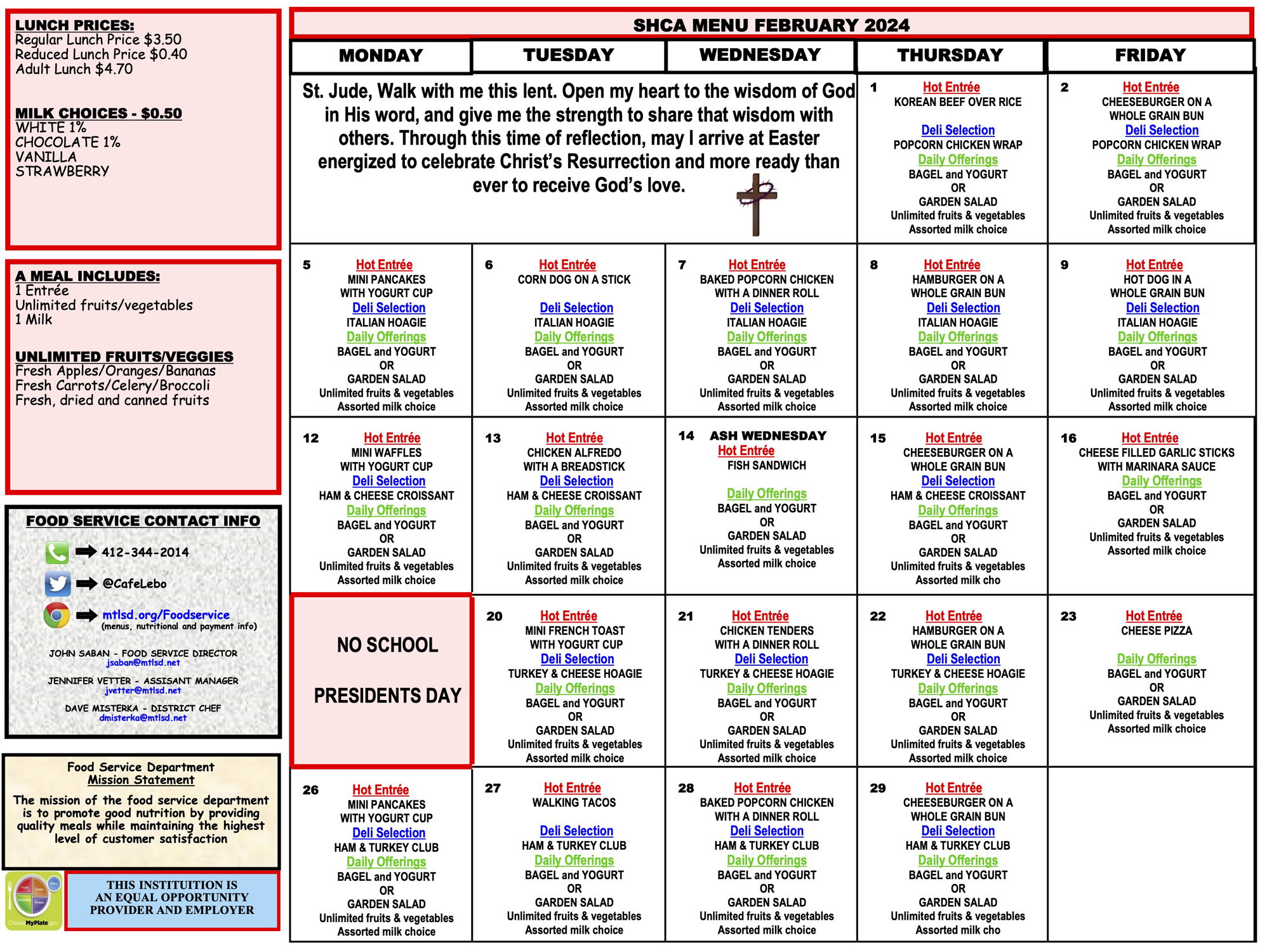 Calendar & Food Service South Hills Catholic Academy